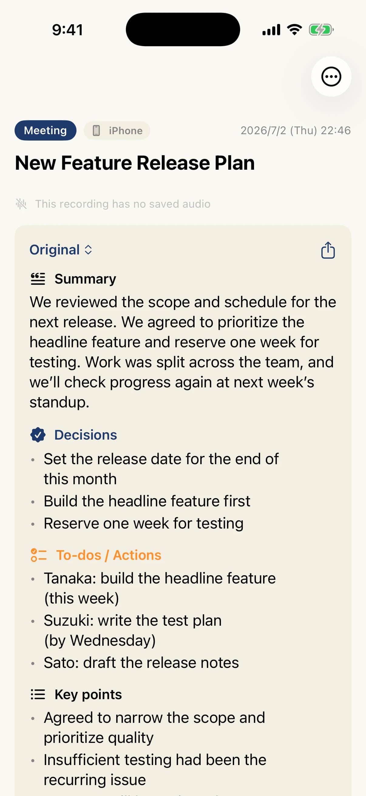 STIL.NOTE summary with decisions and to-dos