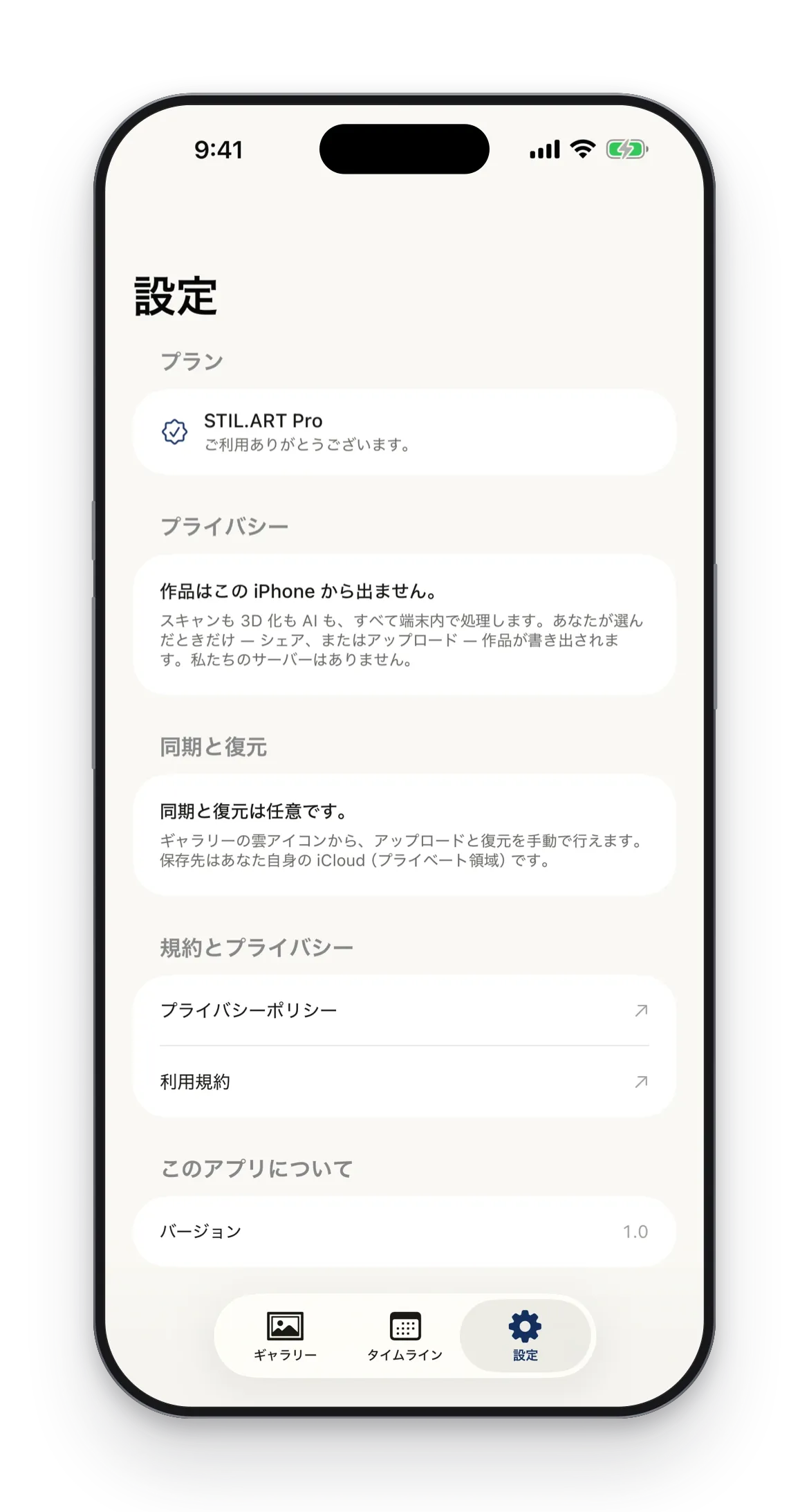STIL.ART の設定画面。STIL.ART Pro のプランと、作品を端末内で処理する旨の説明